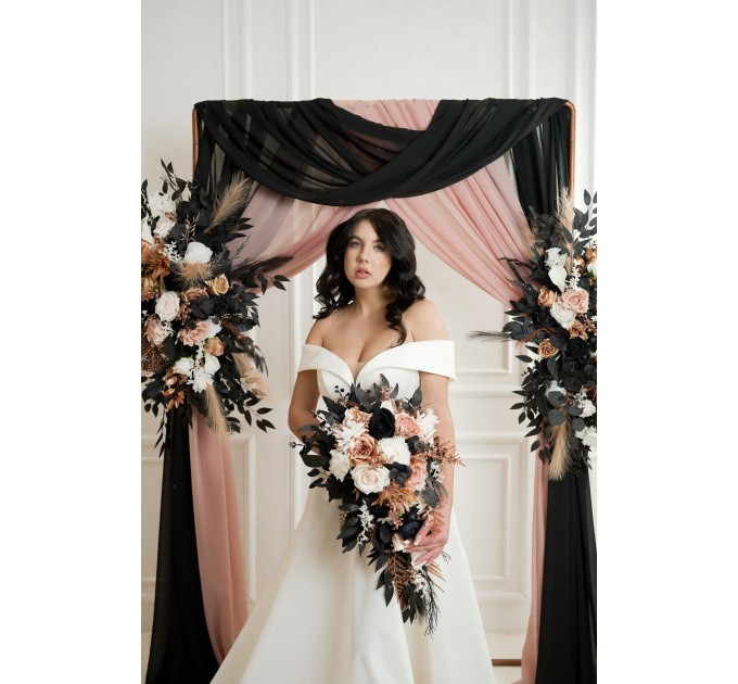 Dusty Rose, Black, Cinnamon, and White Cascading Wedding Bouquets – Gothic Bridal & Bridesmaid Designs