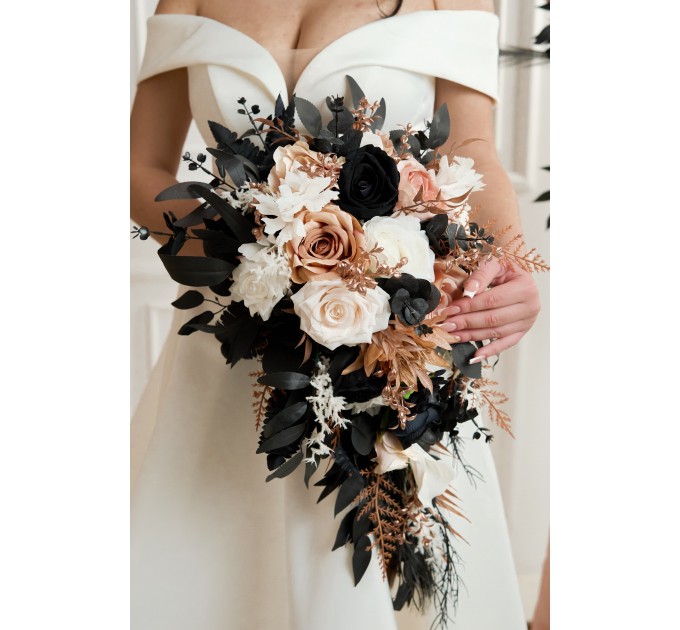 Dusty Rose, Black, Cinnamon, and White Cascading Wedding Bouquets – Gothic Bridal & Bridesmaid Designs