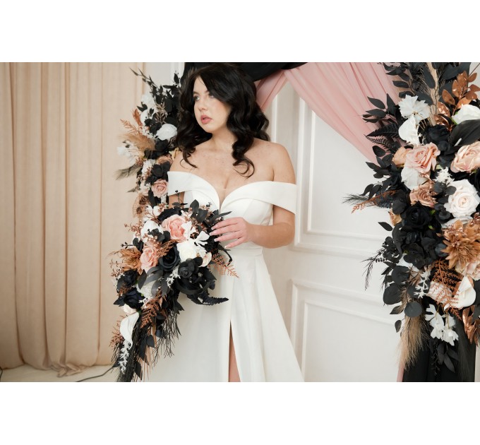 Dusty Rose, Black, Cinnamon, and White Cascading Wedding Bouquets – Gothic Bridal & Bridesmaid Designs