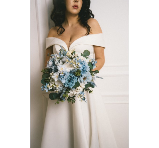 Dusty Blue & Sky Blue Bridal Bouquet | Peonies, Roses & Anemones with Sage Green for Boho Weddings