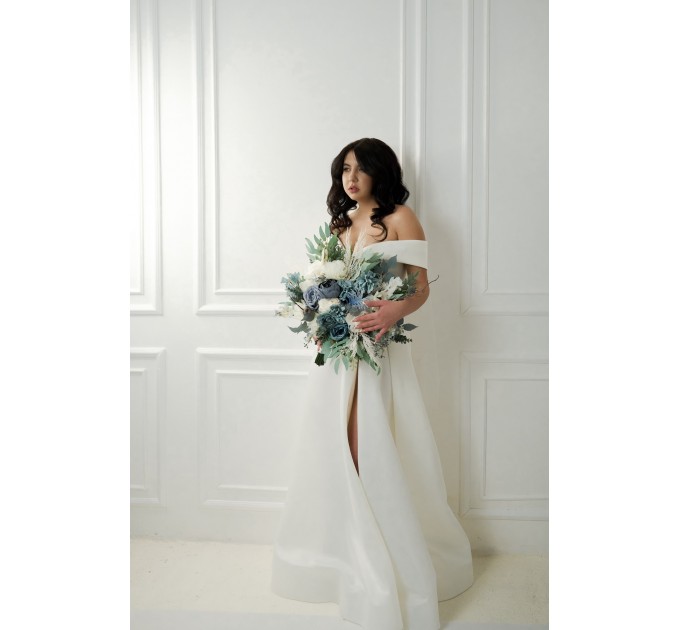 Wedding Bouquets in Dusty Blue & White | Cascading Bridal & Bridesmaid Faux Bouquets