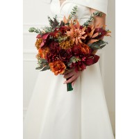 Wedding bouquets in rust burgundy cinnamon orange color theme. Bridal bouquet.Cascading bouquet. Faux bouquet. Bridesmaid bouquet 0033