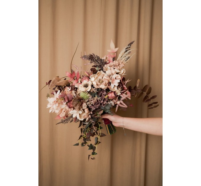 Wedding Bouquets in Beige, Brown, Mocha Mousse & Burgundy | Cascading Faux Bridal & Bridesmaid Bouquets