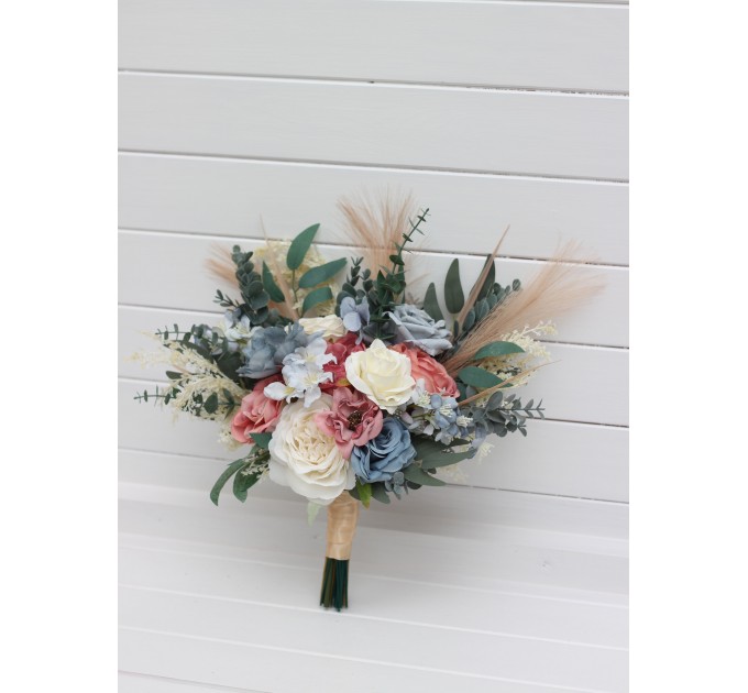 Ivory, Dusty Blue & Dusty Rose Bridal & Bridesmaid Bouquets with Pampas Grass | Boho Faux Wedding Flowers
