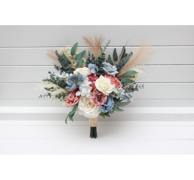 Ivory, Dusty Blue & Dusty Rose Bridal & Bridesmaid Bouquets with Pampas Grass | Boho Faux Wedding Flowers