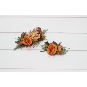 Flower combs in orange rust color scheme. Wedding accessories for hair. Bridal hair clip. Bridesmaid floral comb. 5213