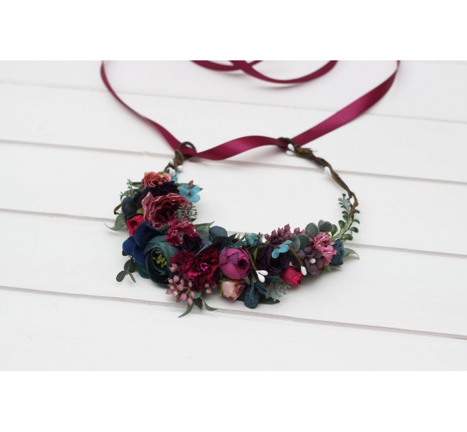 Jewel-Tone Flower Crown in Emerald Green, Purple, Magenta & Teal | Faux Hair Wreath & Flower Girl Crown