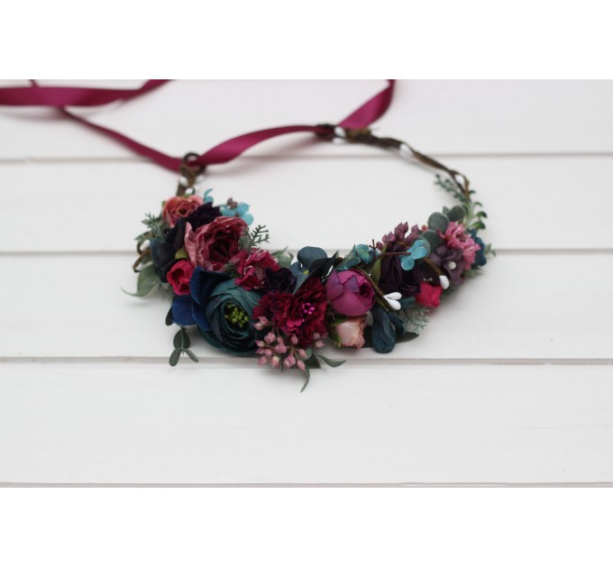 Jewel-Tone Flower Crown in Emerald Green, Purple, Magenta & Teal | Faux Hair Wreath & Flower Girl Crown