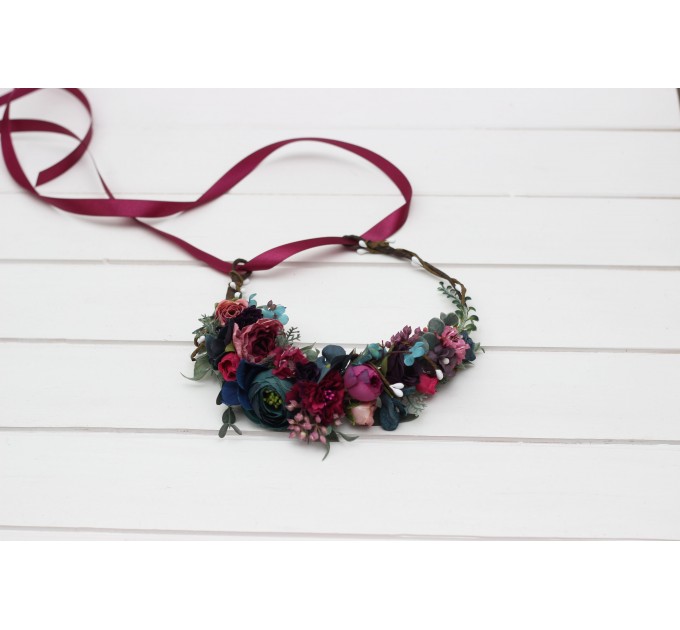 Jewel-Tone Flower Crown in Emerald Green, Purple, Magenta & Teal | Faux Hair Wreath & Flower Girl Crown