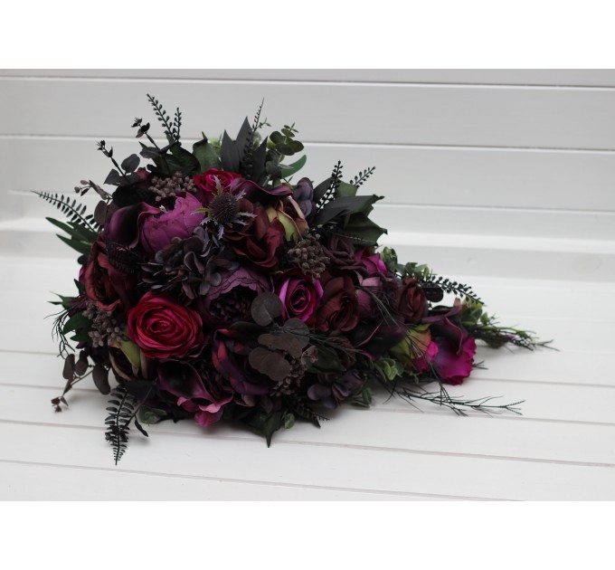 Purple, Magenta, Black & Green Cascading Bridal Bouquet | Faux Wedding & Bridesmaid Bouquets