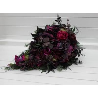 Purple magenta black green cascade bridal bouquet. . Faux wedding bouquet. Bridesmaid bouquet. 5370