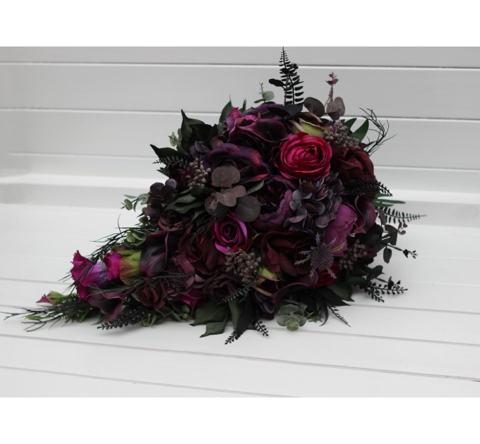 Purple, Magenta, Black & Green Cascading Bridal Bouquet | Faux Wedding & Bridesmaid Bouquets