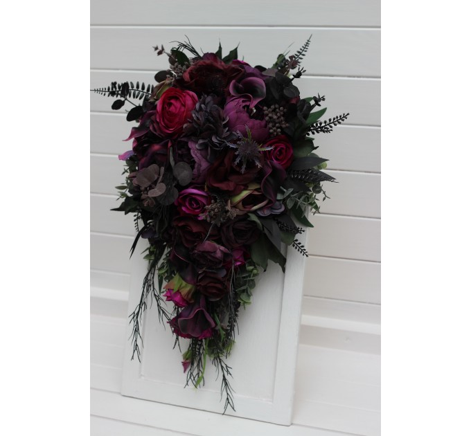 Purple, Magenta, Black & Green Cascading Bridal Bouquet | Faux Wedding & Bridesmaid Bouquets
