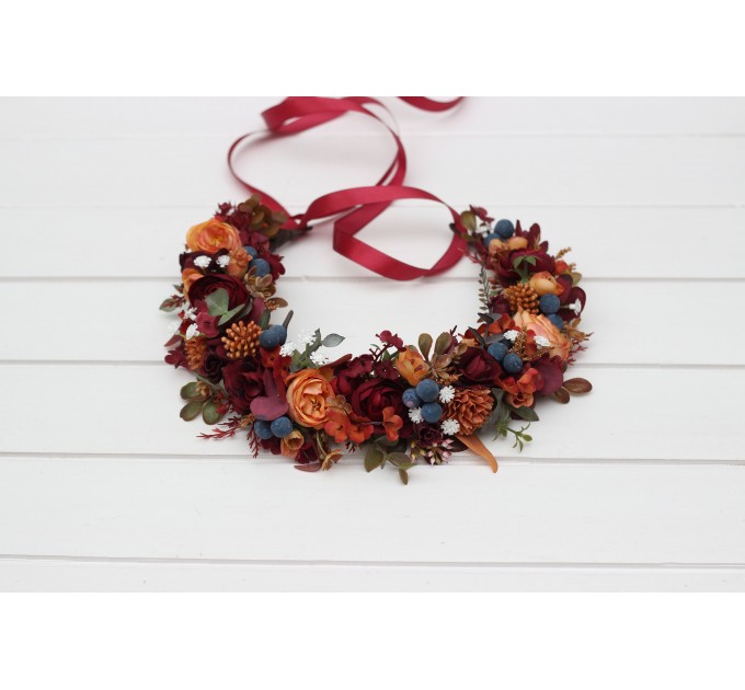 Rust, Burgundy & Blue Flower Crown | Faux Hair Wreath with Baby's Breath for Flower Girls