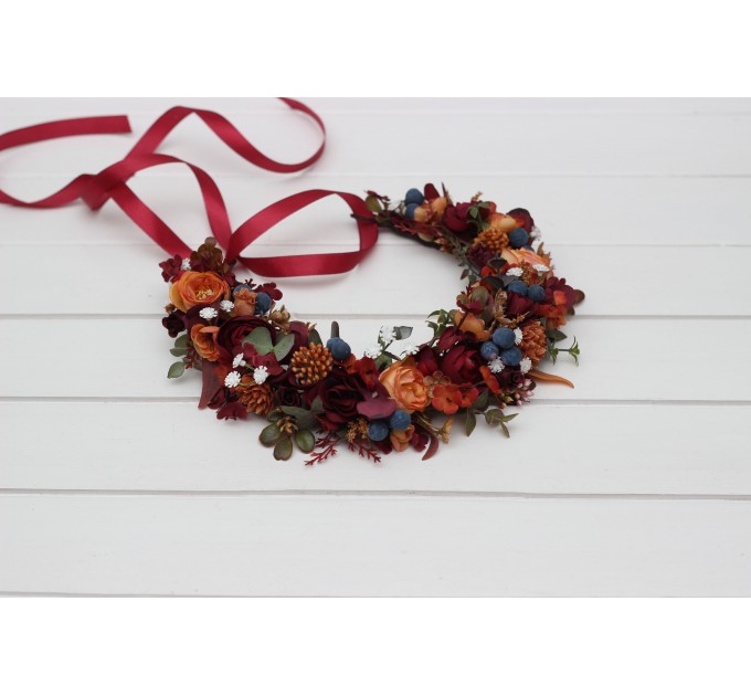 Rust, Burgundy & Blue Flower Crown | Faux Hair Wreath with Baby's Breath for Flower Girls