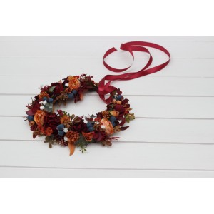 Rust burgundy blue flower crown. Hair wreath with baby's breath. Flower girl crown. Wedding flowers. 5399