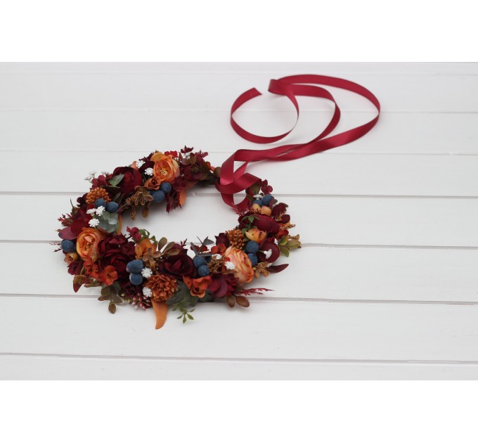 Rust, Burgundy & Blue Flower Crown | Faux Hair Wreath with Baby's Breath for Flower Girls