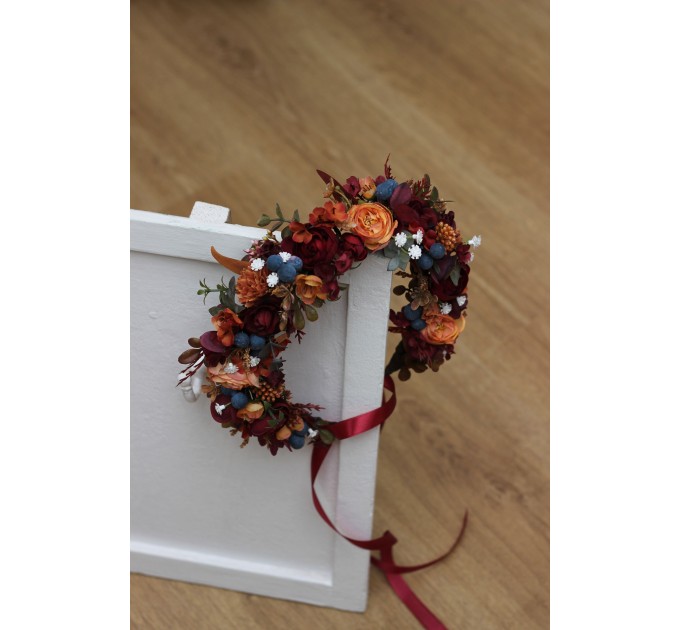 Rust, Burgundy & Blue Flower Crown | Faux Hair Wreath with Baby's Breath for Flower Girls
