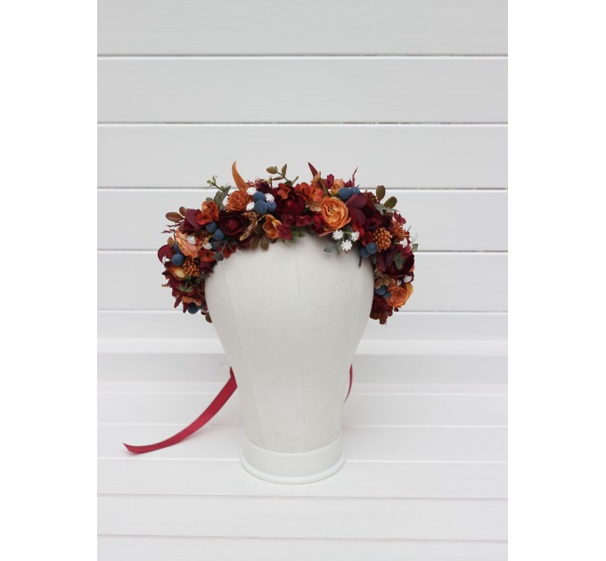 Rust, Burgundy & Blue Flower Crown | Faux Hair Wreath with Baby's Breath for Flower Girls