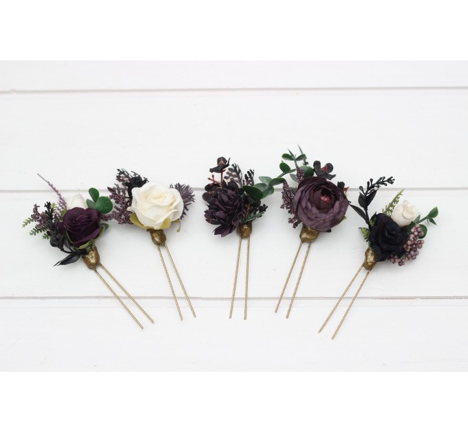 Set of 5 Hair Pins in Purple, Black, Ivory & Green | Faux Flower Wedding Hair Accessories