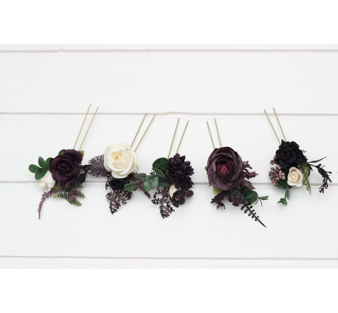 Set of 5 Hair Pins in Purple, Black, Ivory & Green | Faux Flower Wedding Hair Accessories