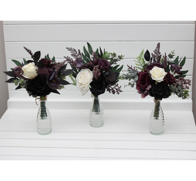 Simple Wedding Table Flowers in Purple, Black, Ivory & Green | Mini Faux Bouquets for Vases