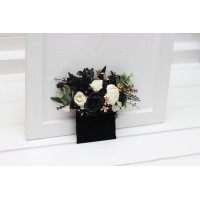 Pocket boutonniere in black ivory gold color scheme. Flower accessories. Pocket square flowers.  5300