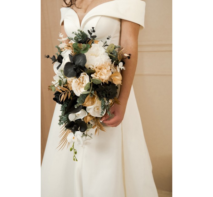 Black, Gold, and White Wedding Bouquets – Bridal and Cascading Faux Designs