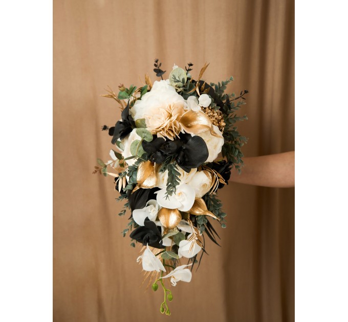 Black, Gold, and White Wedding Bouquets – Bridal and Cascading Faux Designs