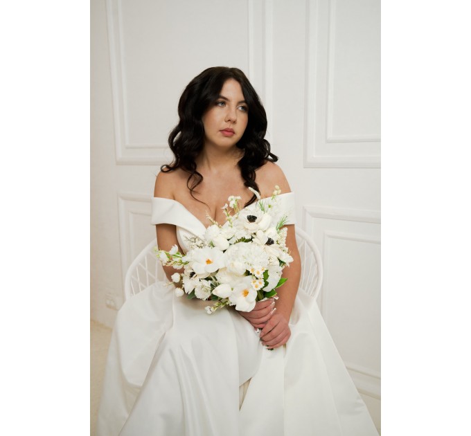White Bridal Bouquet with Anemones, Tulips & Daisies | Faux Wildflowers