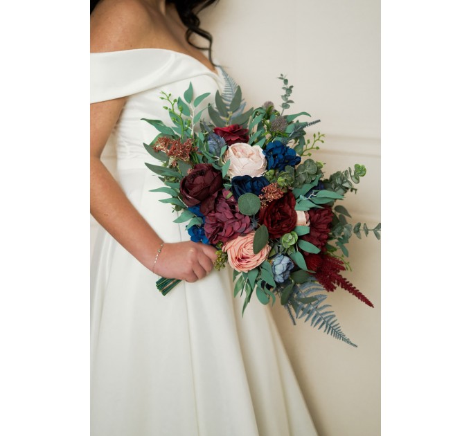 Wedding Bouquets in Burgundy, Navy Blue & Blush Pink | Large Bridal & Cascading Faux Flowers
