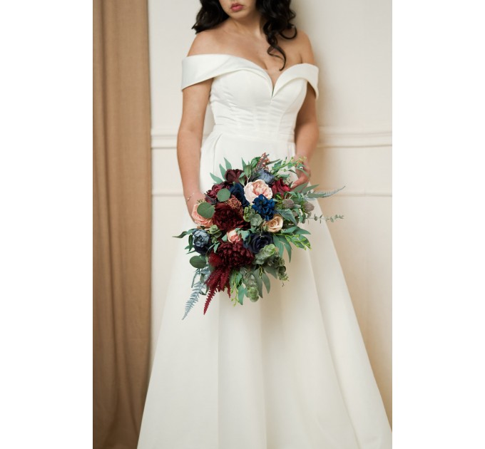 Wedding Bouquets in Burgundy, Navy Blue & Blush Pink | Large Bridal & Cascading Faux Flowers