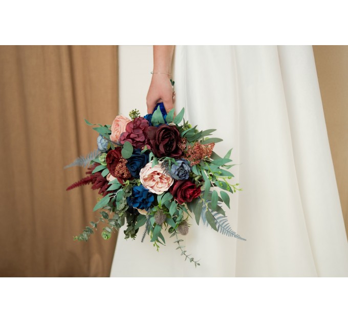 Wedding Bouquets in Burgundy, Navy Blue & Blush Pink | Large Bridal & Cascading Faux Flowers