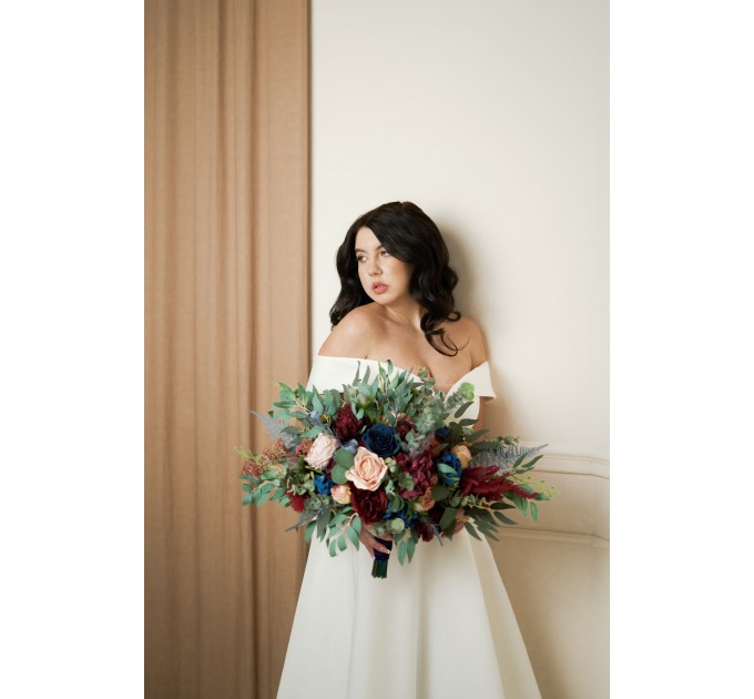 Wedding Bouquets in Burgundy, Navy Blue & Blush Pink | Large Bridal & Cascading Faux Flowers