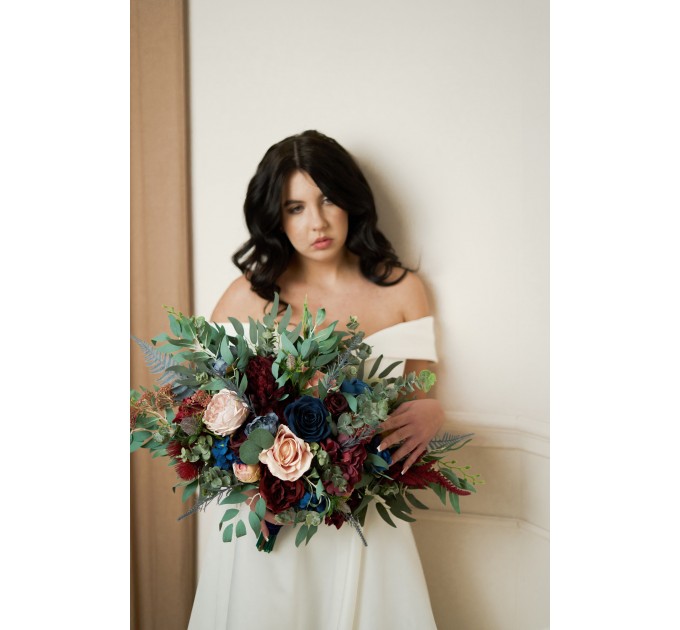 Wedding Bouquets in Burgundy, Navy Blue & Blush Pink | Large Bridal & Cascading Faux Flowers