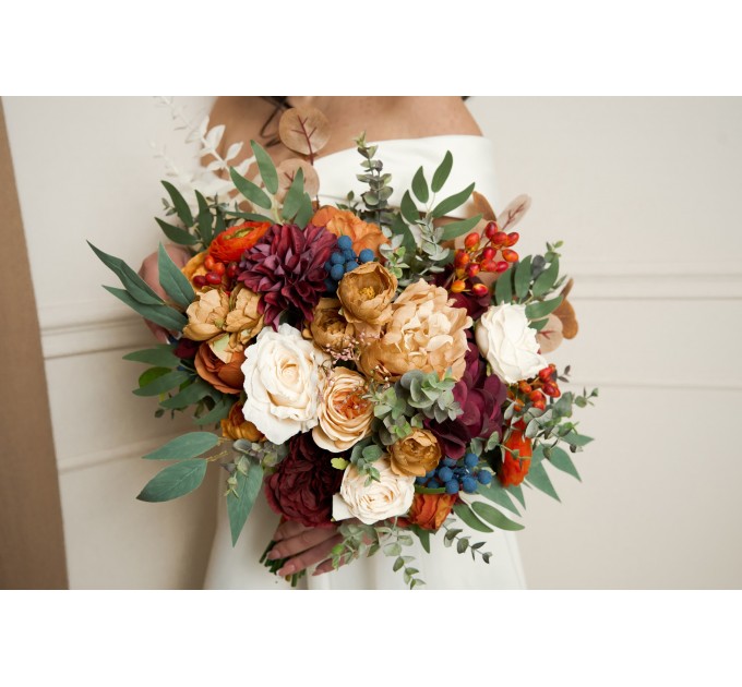 Wedding bouquets in rust burgundy ivory colors. Bridal bouquet. Faux bouquet. Bridesmaid bouquet. 0007