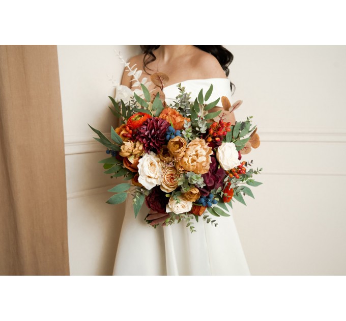Wedding bouquets in rust burgundy ivory colors. Bridal bouquet. Faux bouquet. Bridesmaid bouquet. 0007