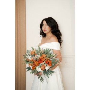 Bouquets in burnt orange ivory sage green color theme. Bridal bouquet. Faux bouquet. Bridesmaid bouquet. 5348