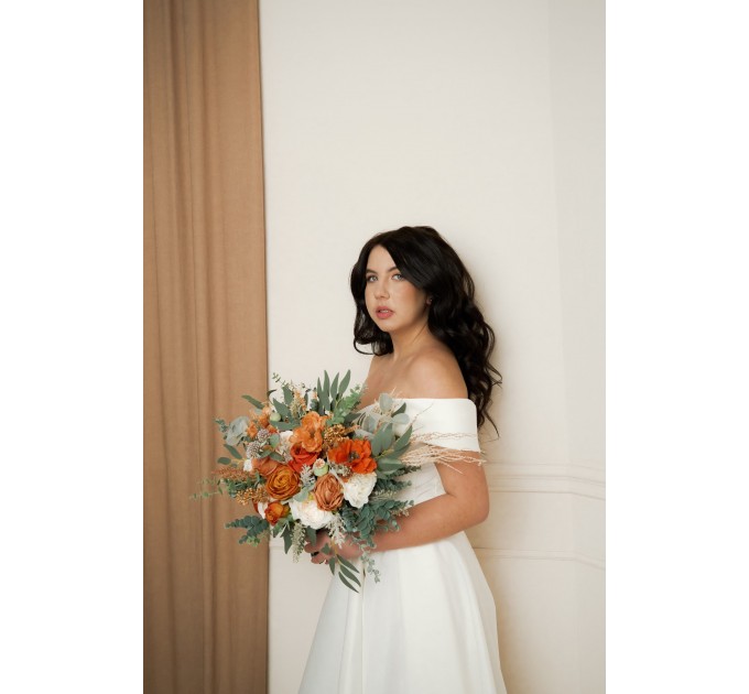 Wedding Bouquets in Burnt Orange, Ivory & Sage Green | Faux Bridal & Bridesmaid Bouquets