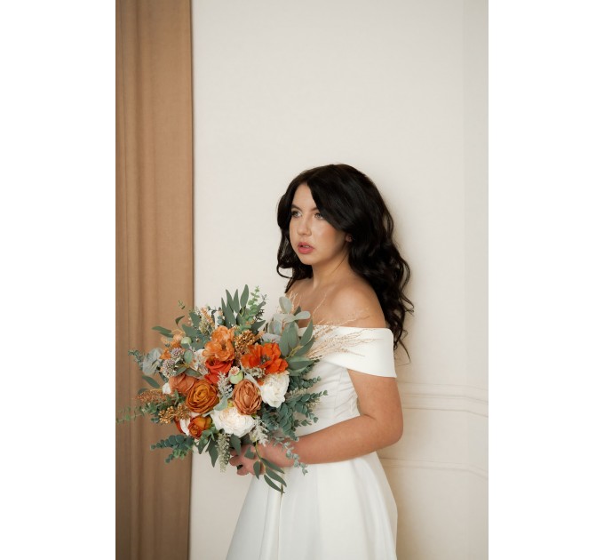 Wedding Bouquets in Burnt Orange, Ivory & Sage Green | Faux Bridal & Bridesmaid Bouquets