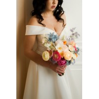 Colorful bridal bouquet. Orange peach dusty blue ivory pink bouquet. Summer wedding. Wildflowers bouquet. Faux flowers.5367