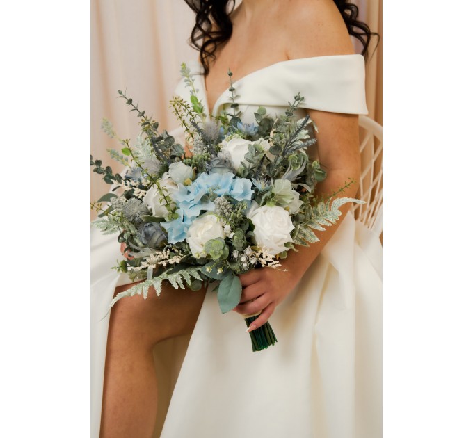 Wedding Bouquets in Dusty Blue & White | Faux Bridal & Bridesmaid Bouquets