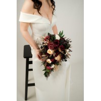Wedding bouquets in burgundy black gold ivory  colors. Bridal bouquet. Cascading bouquet. Faux bouquet. Bridesmaid bouquet. Gothic black wedding bouquet.0032