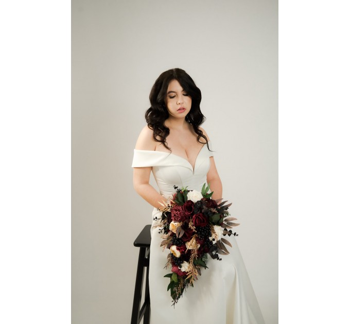 Burgundy, Black, Gold, and Ivory Wedding Bouquets – Bridal and Cascading Faux Bouquets