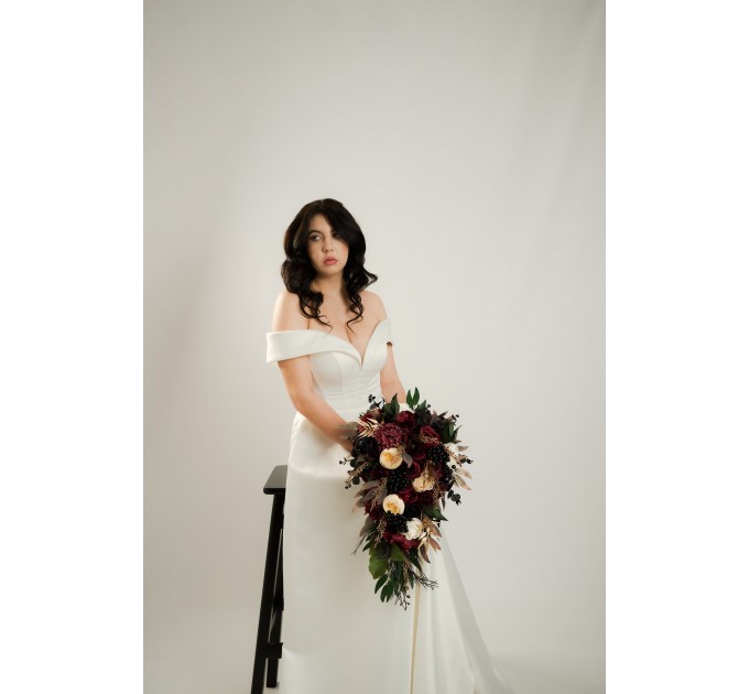 Burgundy, Black, Gold, and Ivory Wedding Bouquets – Bridal and Cascading Faux Bouquets
