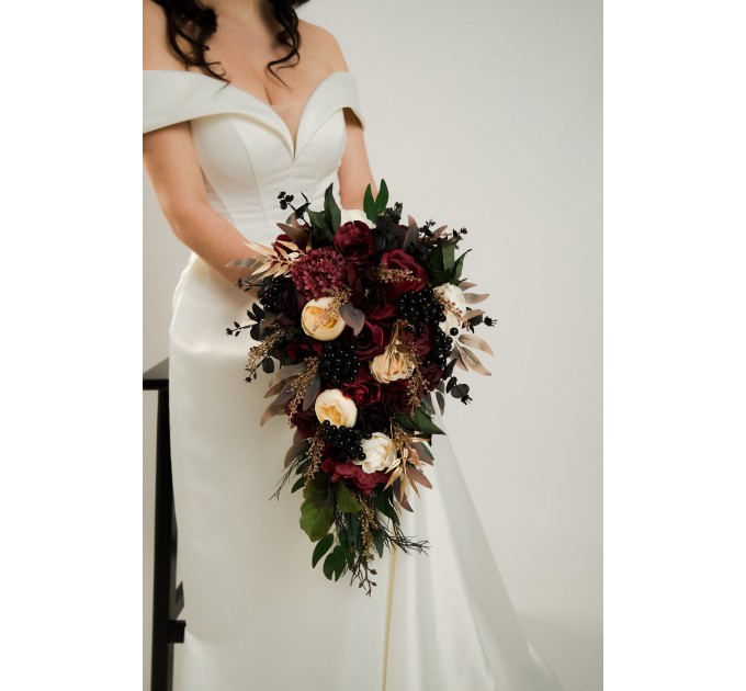 Burgundy, Black, Gold, and Ivory Wedding Bouquets – Bridal and Cascading Faux Bouquets