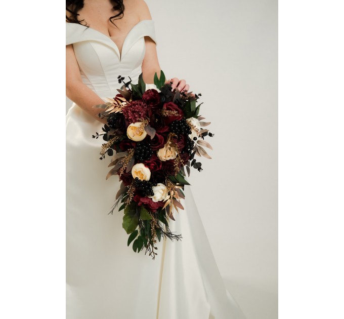 Burgundy, Black, Gold, and Ivory Wedding Bouquets – Bridal and Cascading Faux Bouquets