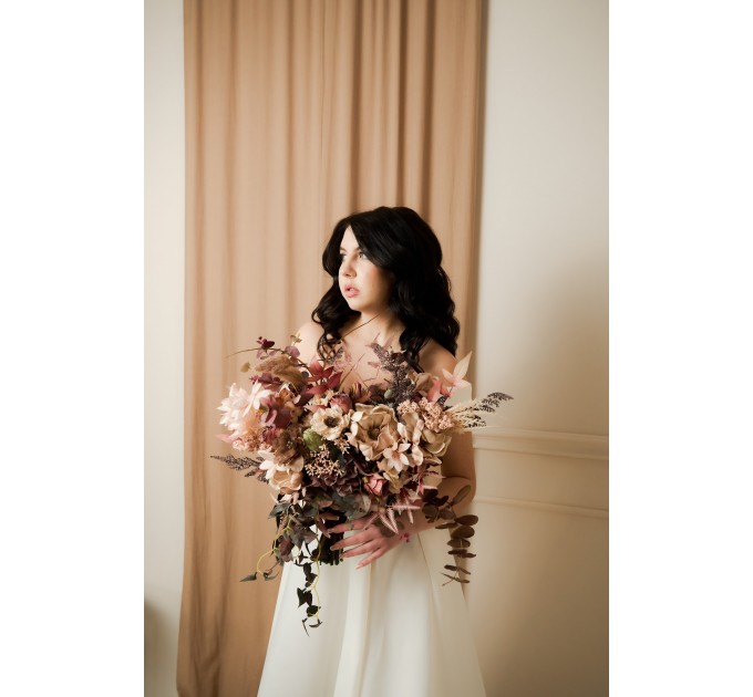 Wedding Bouquets in Beige, Brown, Mocha Mousse & Burgundy | Cascading Faux Bridal & Bridesmaid Bouquets