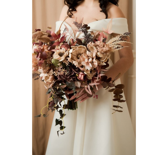 Wedding Bouquets in Beige, Brown, Mocha Mousse & Burgundy | Cascading Faux Bridal & Bridesmaid Bouquets