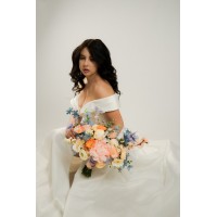 Colorful bridal bouquet. Faux bouquet. Bridesmaid flowers. Peach dusty blue ivory orange bouquet. Wedding arrangement. 5364